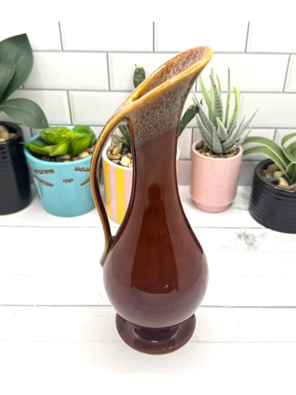 Vintage MCM Dalton USA Brown Drip Glaze Ceramic Ewer Vase With Handle